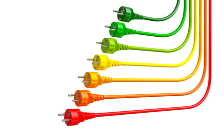 electrical plugs multicolored, cords, energy class isolated white backgroundの写真素材