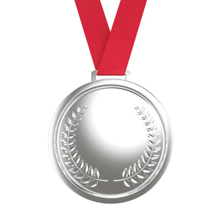 silver laurel wreath medal vibrant red ribbon. victory, competition, prizeの写真素材