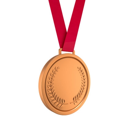 bronze medal hanging red ribbon awards recognitions. success, realizationの写真素材