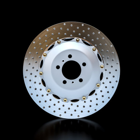 Detailed metal disc brake isolated on a dark backdrop. square shape imageの写真素材