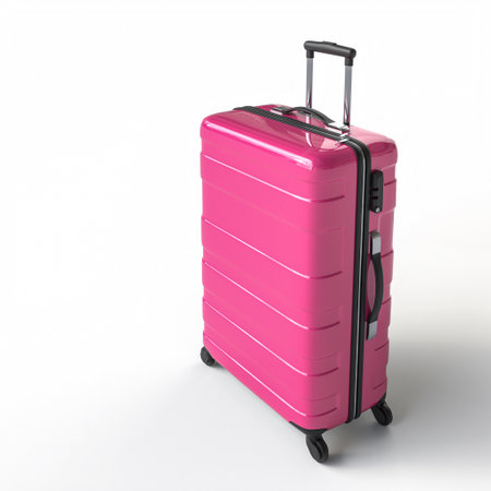 Vibrant pink travel suitcase isolated white backdrop travel conceptの写真素材