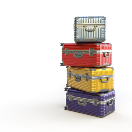 colorful stacked luggage isolated background travel, vacation, adventure conceptの写真素材