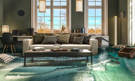 Contemporary living room submerged water problem, damage, insuranceの写真素材