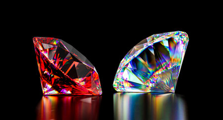 Two sparkling multi-colored diamonds shine dark backdrop luxury successの写真素材