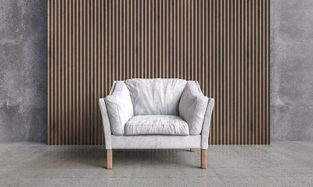Elegant white armchair stylish sparse interior with striped brown wall backgroundの写真素材