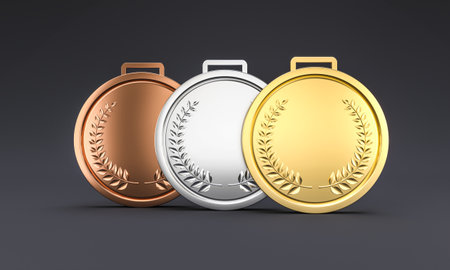 gold, silver, and bronze medals with laurel wreath design, award competitionの写真素材