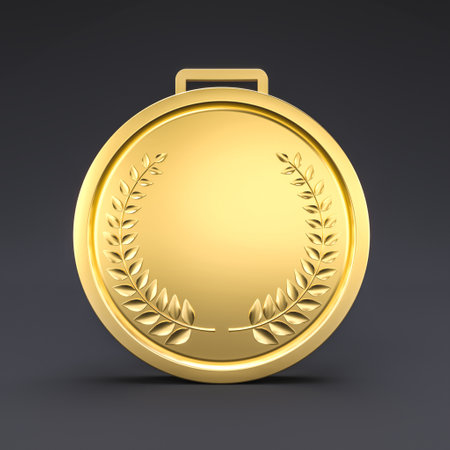 shiny gold medal laurel wreath design, representing achievement and honorの写真素材