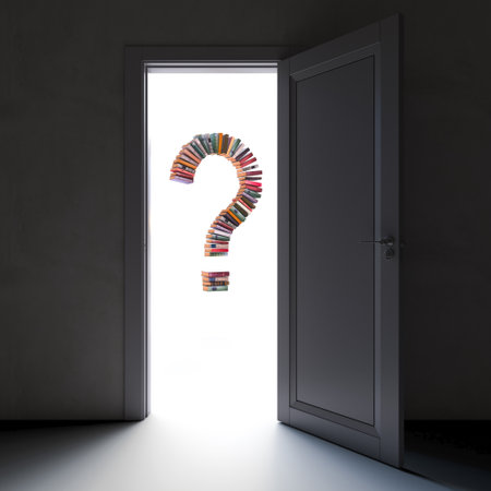 Question mark made books doorway unknown knowledgeの写真素材