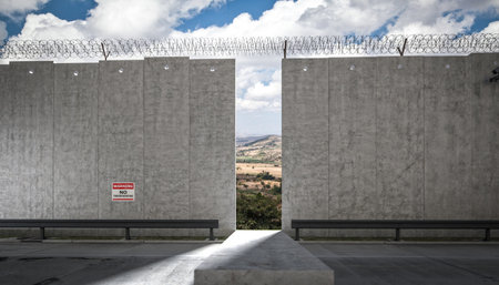 Tall concrete border wall topped barbed wire gap leading landscape 3dの写真素材