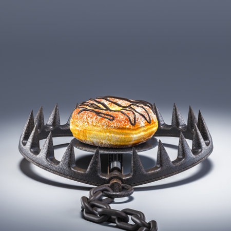 Delicious donut metal trap bait, concept unhealthy food dangerous addiction. 3dの写真素材