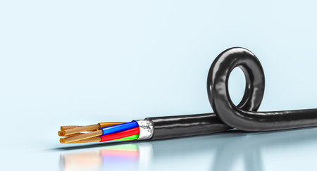 Black electrical cable copper wires blue background rolled up. 3dの写真素材