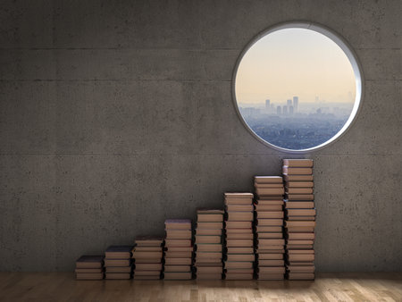 Stack of books ascending staircase circular window revealing city view. 3dの写真素材