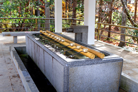 water for ritual cleansing at the entrance of a Japanese Buddhist templeの写真素材
