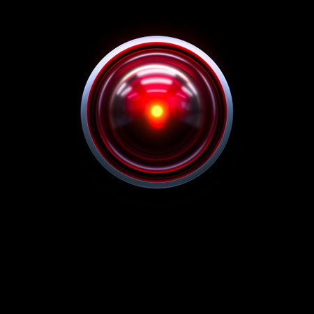 Red robotic eye glowing in the dark, perfect for technology and futuristic conceptsの写真素材