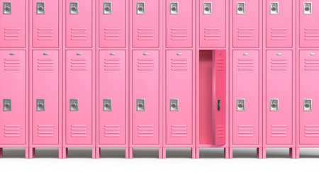 Row of pink opened empty school lockers standing on white background 3dの写真素材