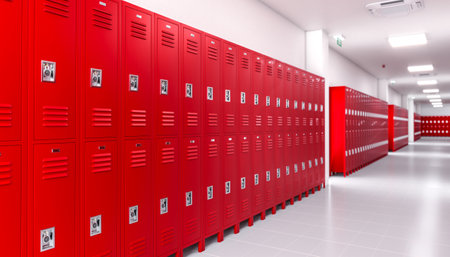 Red lockers are lining a long corridor in a school building. 3d renderの写真素材