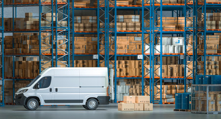 White delivery van distribution warehouse packages ready for shipment. 3dの写真素材