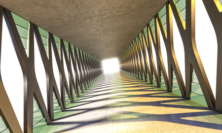 Sunlight illuminating the end of a modern concrete and glass corridorの写真素材