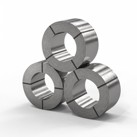 Three shiny steel rolls stacked on white background 3d renderの写真素材