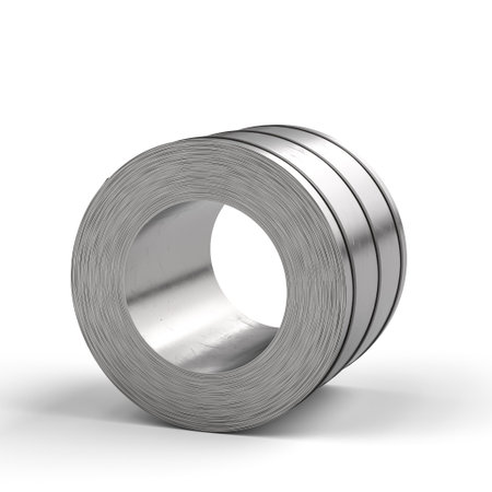 Roll of sheet metal steel industrial material coil lying on white background 3dの写真素材
