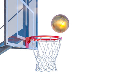 Basketball scoring moment with ball approaching hoop on transparent 3d backgroundの写真素材