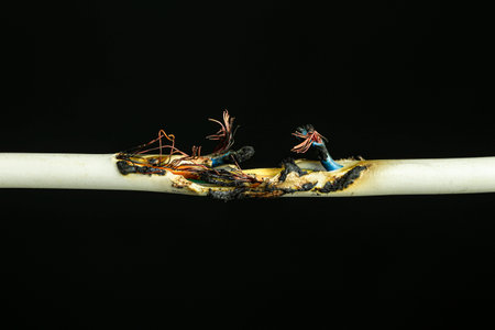 Damaged burnt electrical wire, dangers electricity problems accidentの写真素材