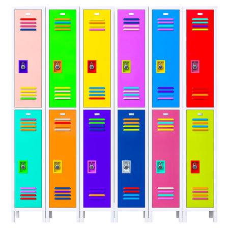 Row of colorful school locker doors with combination locks 3d backgroundの写真素材