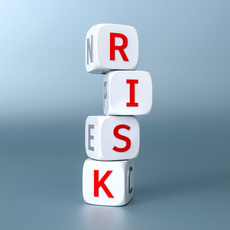 Toy dice forming word risk concept balancing blue background 3dの写真素材