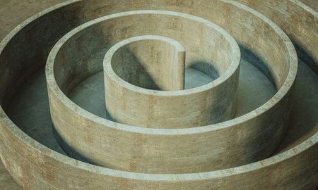 Concrete spiral structure circular maze shadows on ground 3d backgroundの写真素材