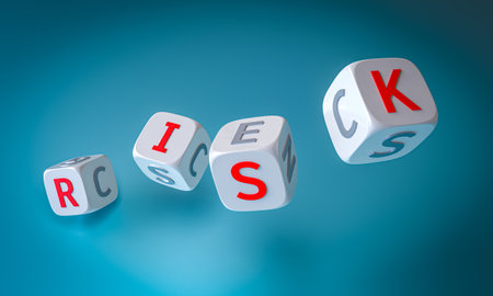White says are forming the word risks while falling on a blue background 3dの写真素材