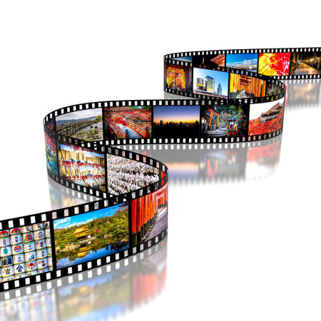 Film strip white surface showing different pictures japanの写真素材