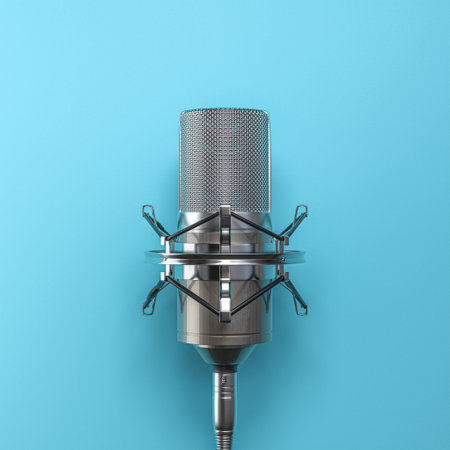 Professional studio microphone blue background, recording podcast 3dの写真素材