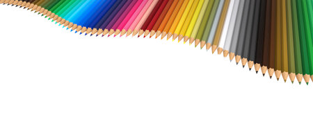 Vibrant colored pencils arranged in a wave pattern on a transparent 3d backgroundの写真素材