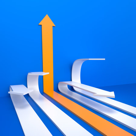 orange arrow pointing upwards passing many others white, different thinking concept. 3dの写真素材