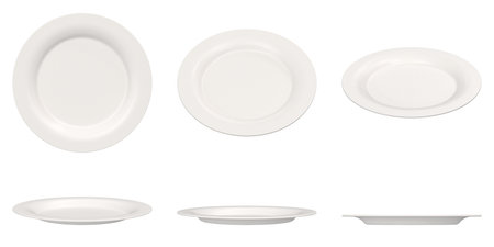 white ceramic plates displayed from various angles on a transparent 3d backgroundの写真素材