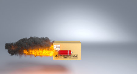 Cardboard box propelled by rocket, fire and smoke, symbolizing fast delivery 3dの写真素材