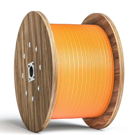 Wooden reel with orange fiber cable on white background 3dの写真素材