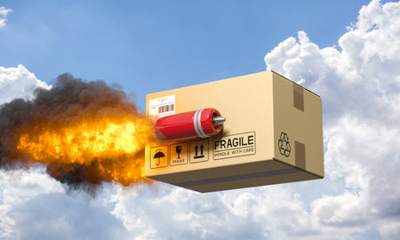 Cardboard box flying in sky powered by jet engine, fast delivery 3dの写真素材