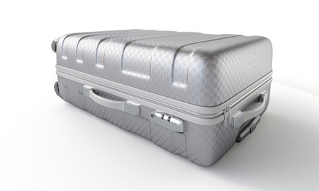 Silver suitcase laying down on white background 3dの写真素材
