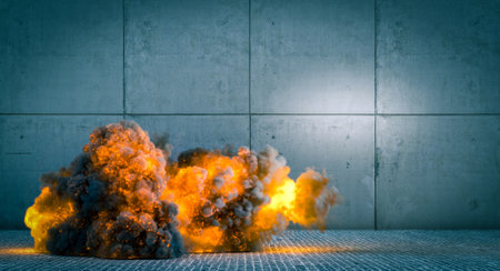 Fireball exploding near concrete wall, large cloud black smoke 3dの写真素材