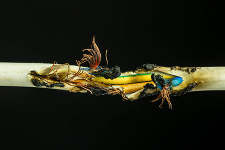 Damaged burning electrical cable showing exposed wires black background