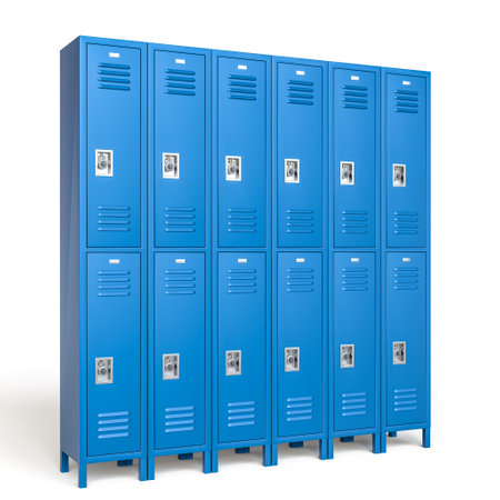 Row blue school lockers closed with combination locks on white 3dの写真素材