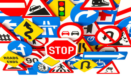 road signs representing various traffic rules and safety warnings isolated 3dの写真素材
