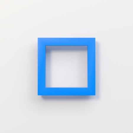 Empty blue frame hanging white wall, 3D minimalist conceptの写真素材
