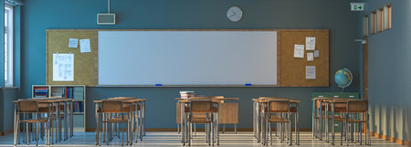 Empty classroom with whiteboard and wooden desks 3d backgroundの写真素材