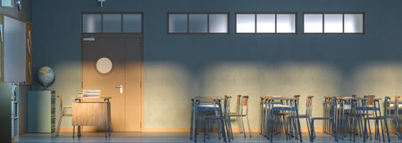 Sunlight illuminating empty classroom with desks and chairs 3d backgroundの写真素材