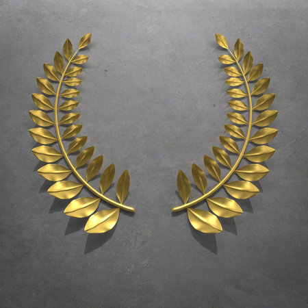 Laurel wreath made of gold encircling a textured concrete backdrop 3dの写真素材