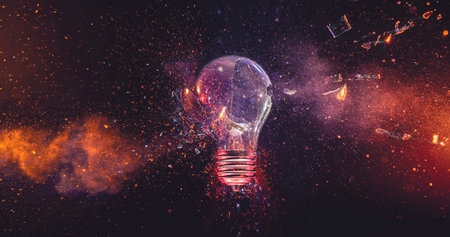 shattered glass flames bursting broken lightbulb black backgroundの写真素材