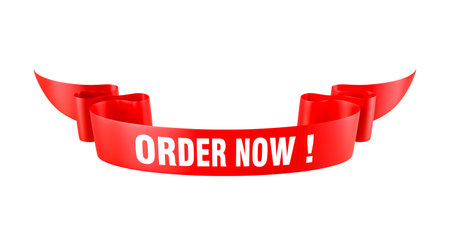Red ribbon waving with order now message transparent background 3dの写真素材