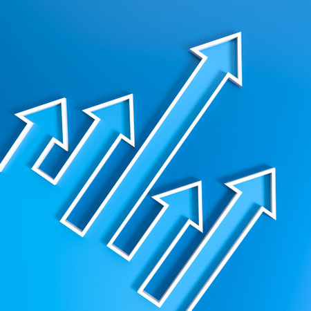 White arrows pointing upwards on a blue background, growth, progress, successの写真素材